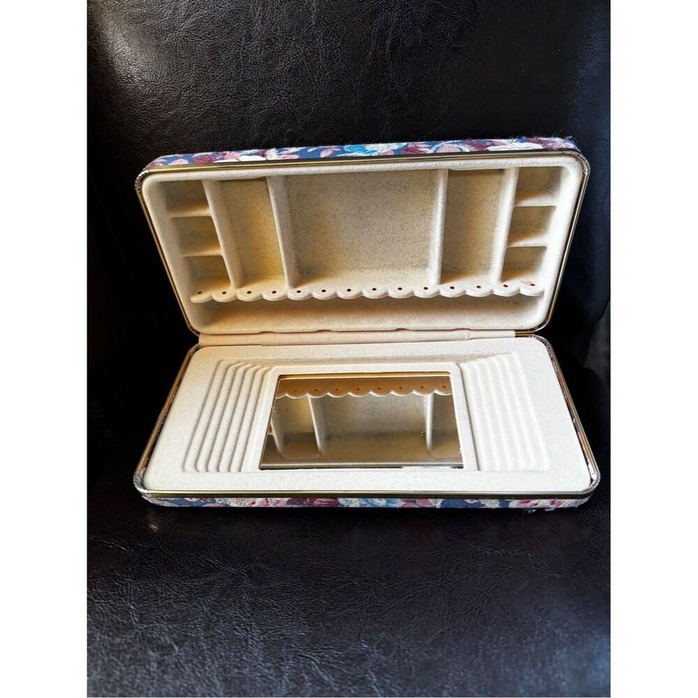 Vintage Floral Tapestry Jewelry Organizer Box with Mirror Cream Interior